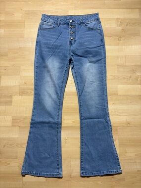 High-Rise Blue Button-Fly Flare Jeans